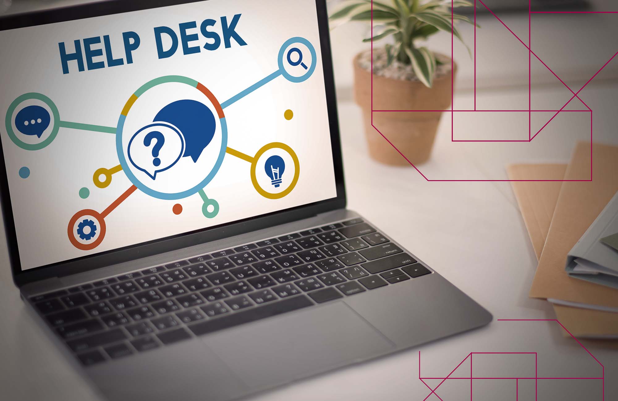 computador com ícones de help desk